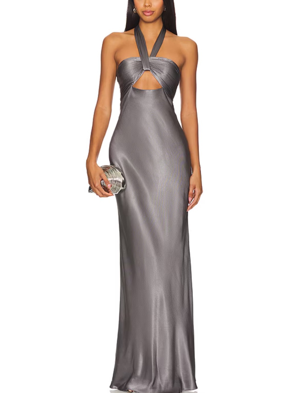 Satin Halter Cutout Evening Gown - Silver